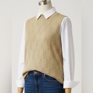 Vintage Mock Neck Gold Shimmer Knit Vest Petite Large Ramie Blend Sleeveless